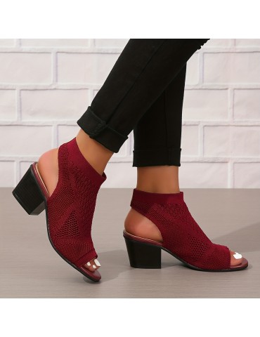Women's Chunky Heeled Sandals, Knitting Peep Toe Slip On Slingback Low Heels, Fashion Fabric Sandals