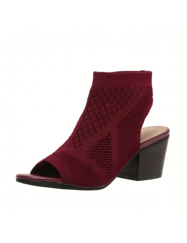 Women's Chunky Heeled Sandals, Knitting Peep Toe Slip On Slingback Low Heels, Fashion Fabric Sandals