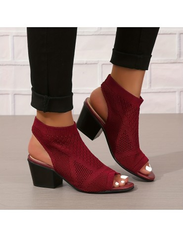 Women's Chunky Heeled Sandals, Knitting Peep Toe Slip On Slingback Low Heels, Fashion Fabric Sandals