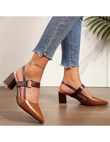 Women's Colorblock Sandals, Ankle Buckle Strap Comfy Block Heel Shoes, Trendy Point Toe Shoes