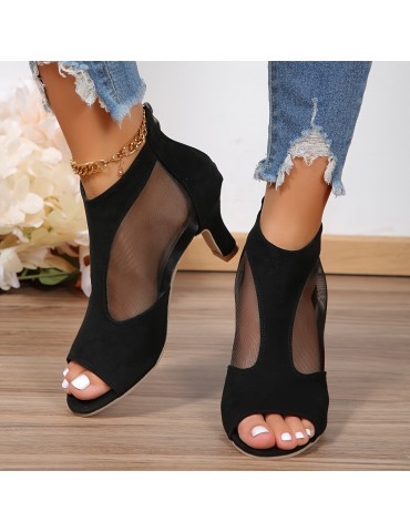 Women's Breathable Mesh Chunky Heel Sandals, Fashion Open Toe Dress Pumps, Stylish Back Zipper Sandals