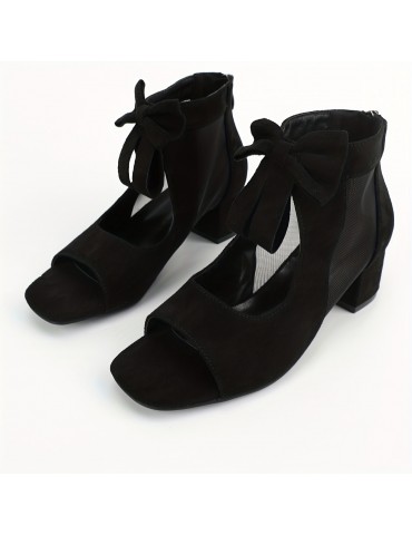 Women's Solid Color Chunky Heel Sandals, Fashion Bowknot Decor Dress Pumps, Stylish Back Zipper Heels