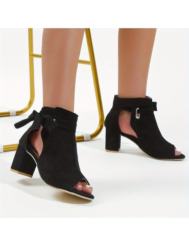 Women's Bowknot Design Sandals, Peep Toe Side Cut Out Solid Color Chunky Heel Shoes, Summer Holiday Dress Shoes