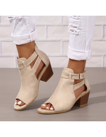 Women's Chunky Heeled Sandals, Peep Toe Solid Color Cut-out Back Zipper Low Heels, Retro Stacked Heeled Sandals