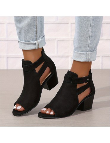 Women's Chunky Heeled Sandals, Peep Toe Solid Color Cut-out Back Zipper Low Heels, Retro Stacked Heeled Sandals
