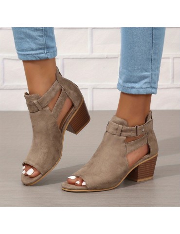 Women's Chunky Heeled Sandals, Peep Toe Solid Color Cut-out Back Zipper Low Heels, Retro Stacked Heeled Sandals