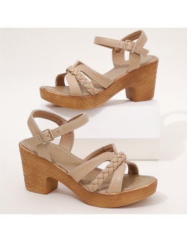 Women's Braided Chunky Heel Sandals, Casual Buckle Strap Summer Shoes, Fashion Dress Pumps