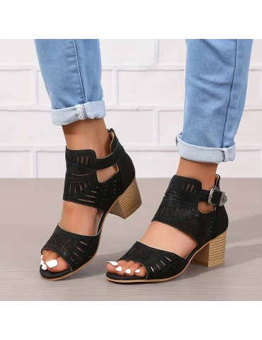 Women's Chunky Heeled Sandals, Peep Toe Perforated Ankle Buckle Strap Mid Heels, Back Zipper Design Sandals