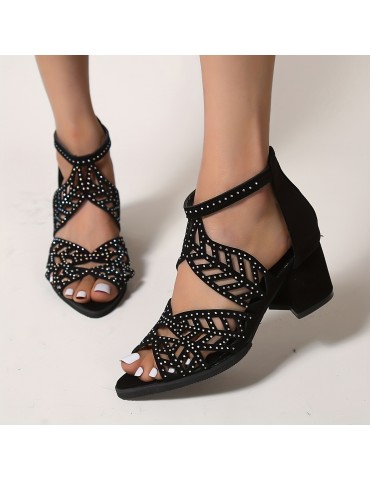 Women's Rhinestone Decor Chunky Heel Sandals, Fashion Hollow Out Design Sandals, Back Zipper Dress Shoes