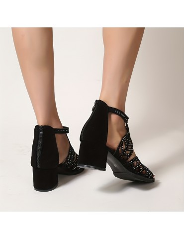 Women's Rhinestone Decor Chunky Heel Sandals, Fashion Hollow Out Design Sandals, Back Zipper Dress Shoes