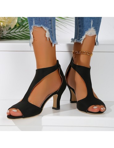 Women's Solid Color Block Heeled Sandals, Casual Open Toe Back Zipper Sandals, Comfortable Summer Heels