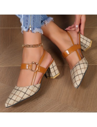 Women's Chunky Heeled Sandals, Plaid Pointed Toe Slingback Mid Heels, Versatile Sandals