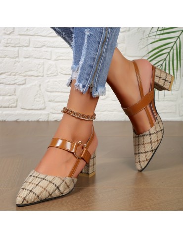 Women's Chunky Heeled Sandals, Plaid Pointed Toe Slingback Mid Heels, Versatile Sandals