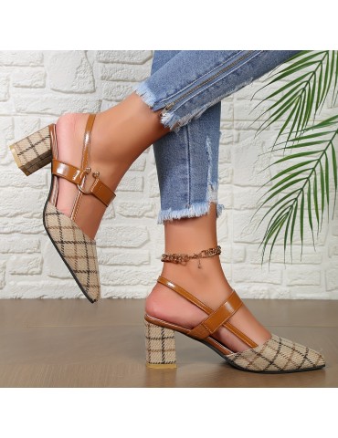 Women's Chunky Heeled Sandals, Plaid Pointed Toe Slingback Mid Heels, Versatile Sandals
