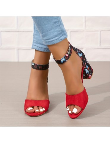 Women's Chunky Heeled Sandals, Peep Toe Floral Print Ankle Strap High Heels, Fashion Canvas Sandals