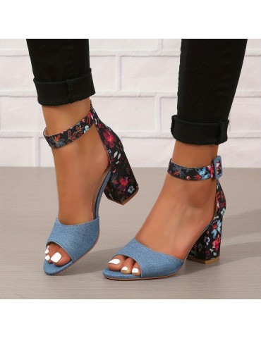Women's Chunky Heeled Sandals, Peep Toe Floral Print Ankle Strap High Heels, Fashion Canvas Sandals