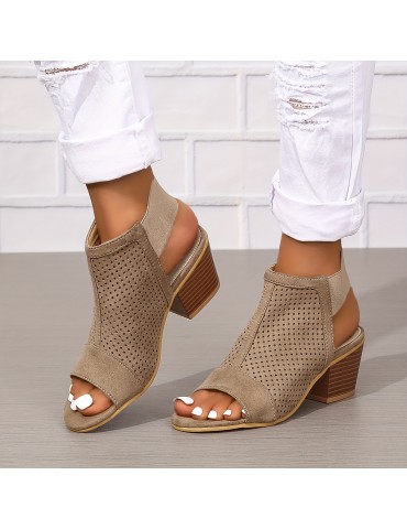 Women's Chunky Heeled Sandals, Retro Perforated Peep Toe Elastic Strap Slingback Shoes, Solid Color Slip On Sandals