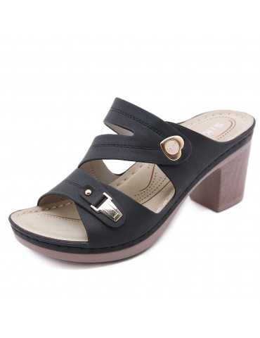 Women's Hollow Out Chunky Heeled Mules, Metal Buckle Seam Strap Open Toe Slip On Sandals, Women's Footwear