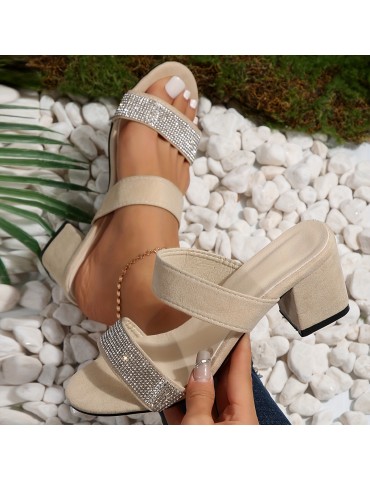 Women's Chunky Heeled Sandals, Rhinestone Double Band Open Toe High Heels, All-Match Slip On Sandals