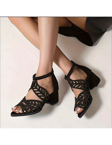 Women's Chunky Heeled Sandals, Peep Toe Rhinestone Decor Back Zipper Mid Heels, Fashion Dress Shoes