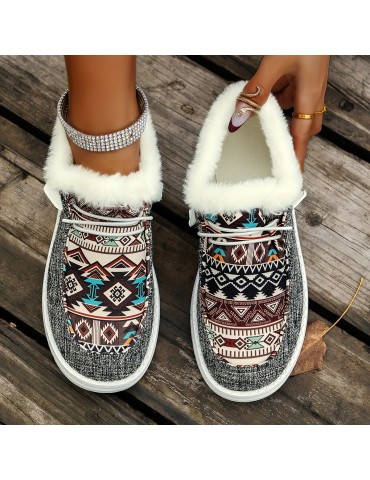 Women's Tribal Pattern Canvas Shoes, Winter Plush Lined Low Top Sneakers, Thermal Outdoor Walking Flat Shoes