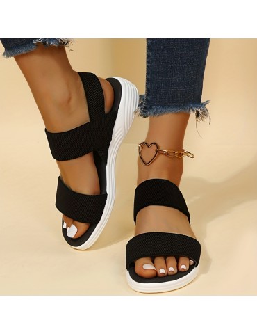 Women's Comfy Flat Sandals, Open Toe Elastic Strap Slip On Shoes, Casual Outdoor Beach Sandals