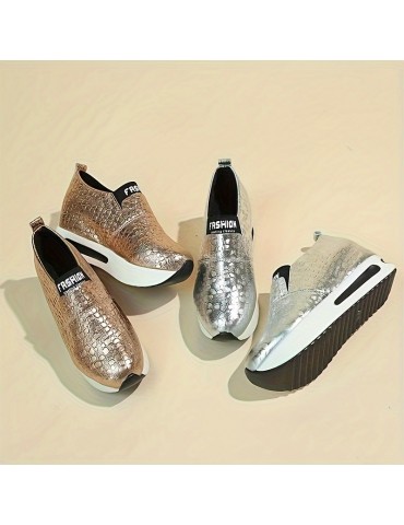 Women's Crocodile Pattern Platform Sneakers, Fashion Slip On Outdoor Shoes, Comfortable Low Top Shoes