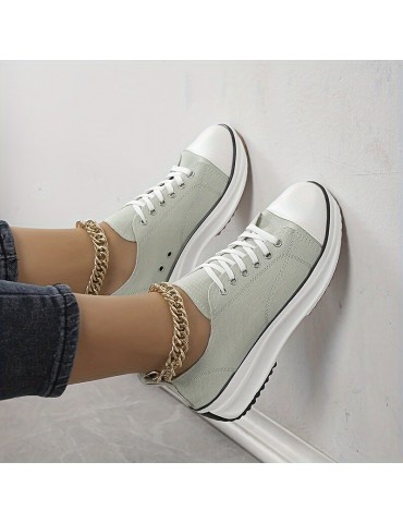 Women's Platform Canvas Sneakers, Solid Color Lace Up Low Top Walking Trainers, Casual Outdoor Sports Shoes