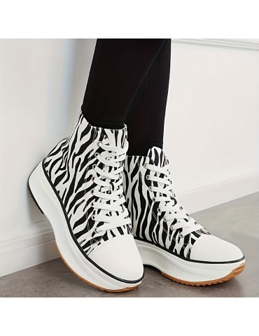 Women's Solid Color Casual Sneakers, Lace Up Soft Sole Platform Skate Shoes, Versatile High-top Canvas Shoes