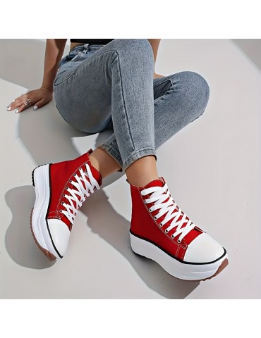 Women's Solid Color Casual Sneakers, Lace Up Soft Sole Platform Skate Shoes, Versatile High-top Canvas Shoes