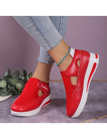 Women's Knitted Sports Shoes, Breathable Round Toe Cut-out Chunky Shoes, Casual Outdoor Walking Shoes