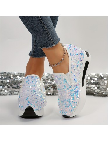 Women's Sequins Platform Sneakers, Casual Low Top Slip On Wedge Sports Shoes, Fashion Walking Trainers