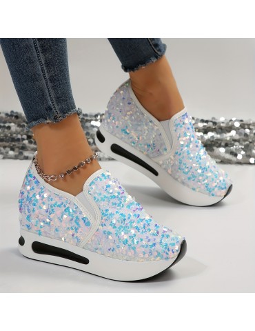Women's Sequins Platform Sneakers, Casual Low Top Slip On Wedge Sports Shoes, Fashion Walking Trainers