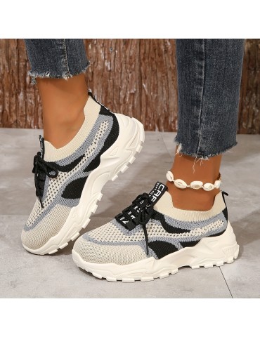 Women's Breathable Mesh Platform Sneakers, Casual Lace Up Outdoor Shoes, Comfortable Low Top Sport Shoes