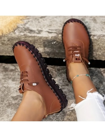 Women's Trendy Faux Leather Sneakers, Casual Lace Up Outdoor Shoes, Lightweight Low Top Shoes