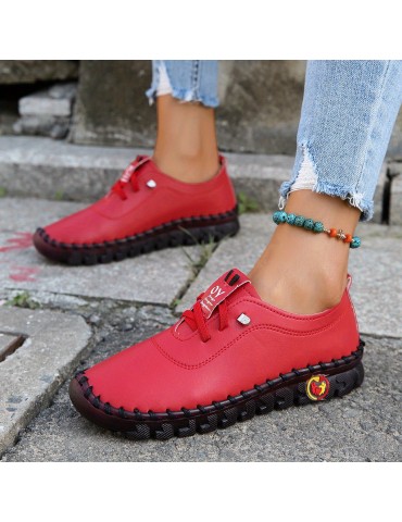 Women's Trendy Faux Leather Sneakers, Casual Lace Up Outdoor Shoes, Lightweight Low Top Shoes