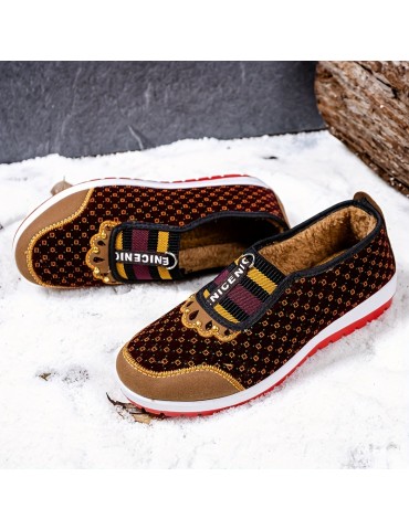 Women's Retro Print Low Top Flat Shoes, Breathable Wear Resistant Winter Warm Walking Shoes, Plush Lined Thermal Flats