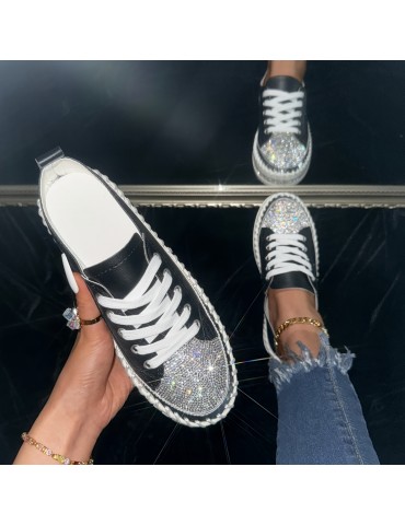 Women's Rhinestone Flat Sneakers, Fashion Round Toe Lace Up Low Top Skate Shoes, All-Match Outdoor Trainers