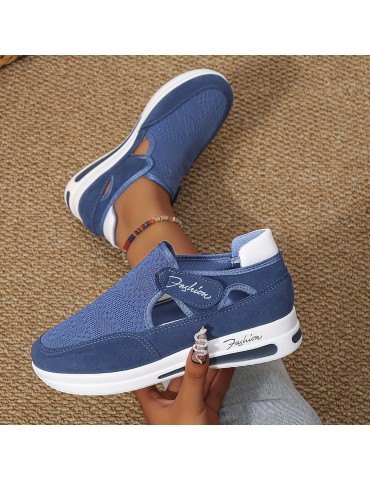 Women's Breathable Knit Platform Sneakers, Casual Hook & Loop Outdoor Shoes, Comfortable Cutout Shoes