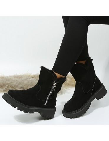Women's Solid Color Platform Short Boots, Casual Side Zipper Fur Lined Boots, Comfortable Winter Boots