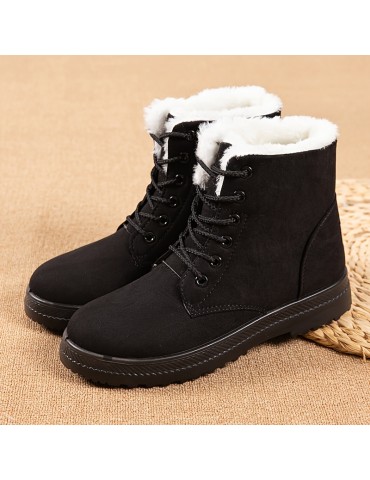Women's Plush Lined Ankle Boots, Solid Color Thermal Lace Up Snow Boots, Outdoor Warm Short Boots