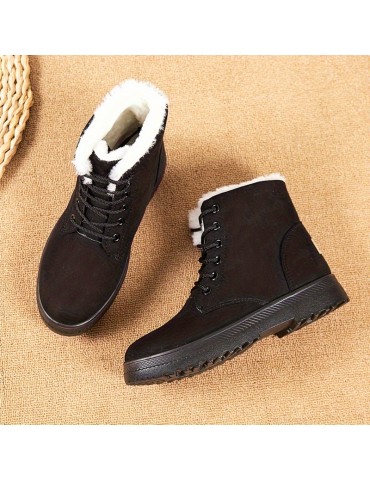 Women's Plush Lined Ankle Boots, Solid Color Thermal Lace Up Snow Boots, Outdoor Warm Short Boots