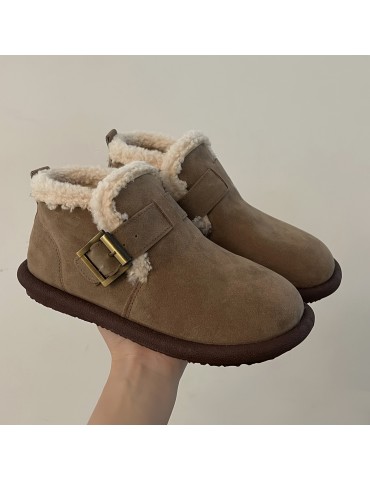 Women's Thermal Lined Flat Boots, Buckle Decor Soft Sole Winter Warm Shoes, Versatile Plush Non-slip Shoes