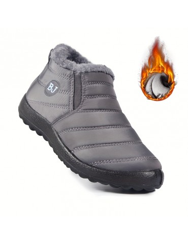 Women's Solid Color Flatform Boots, Slip On High-top Round Toe Non-slip Waterproof Velvet Warm Shoes, Plush Fluffy Shoes