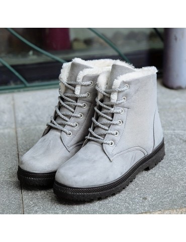 Women's Solid Color Platform Boots, Lace Up Velvet Warm Fluffy Non-slip Round Toe Outdoor Shoes, Winter Snow Boots