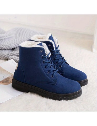 Women's Solid Color Platform Boots, Lace Up Velvet Warm Fluffy Non-slip Round Toe Outdoor Shoes, Winter Snow Boots