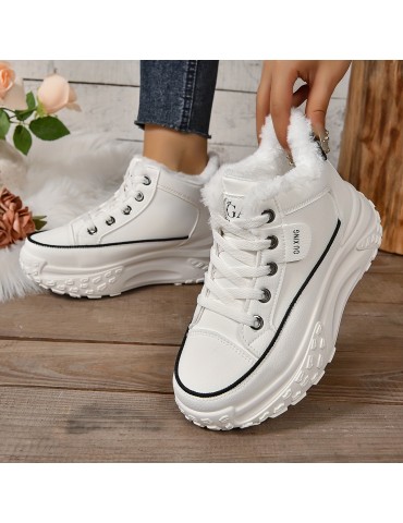 Women's Plush Lined Ankle Boots, Fashion Heightening Lace Up Platform Boots, Winter Warm Outdoor Short Boots