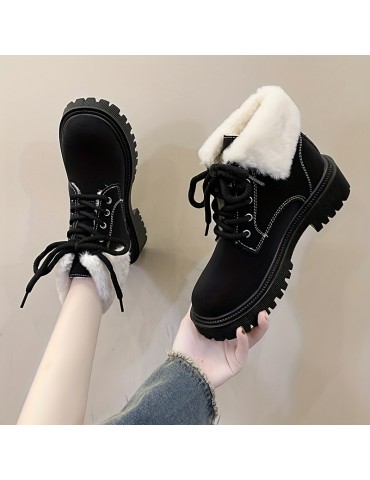 Women's Solid Color Fluffy Boots, Lace Up Sof Sole Platform Warm Lined Boots, Winter Plush Non-slip Snow Boots