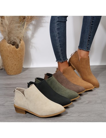 Women's Chunky Heeled Ankle Boots, Pointed Toe Zipper Stacked Heeled Shoes, Retro Short Boots