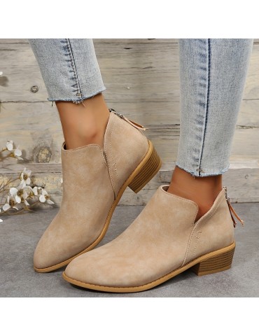 Women's Chunky Heeled Ankle Boots, Pointed Toe Zipper Stacked Heeled Shoes, Retro Short Boots